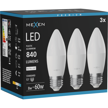 Mexen Nova 3x LED-lampa E27, C37, 8W, Neutral - 4000K, 840 lm - L102-E27-0840-01x03