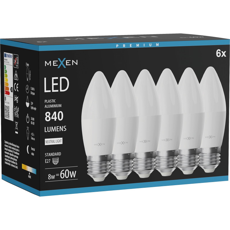 Mexen Nova 6x Bombilla LED E27, C37, 8W, Neutra - 4000K, 840 lm - L102-E27-0840-01x06