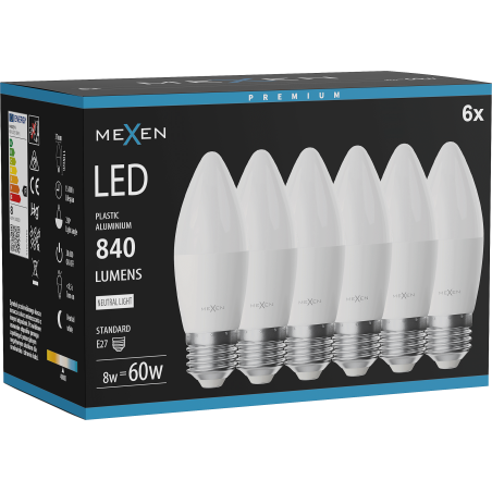 Mexen Nova 6x LED-lampa E27, C37, 8W, Neutral - 4000K, 840 lm - L102-E27-0840-01x06