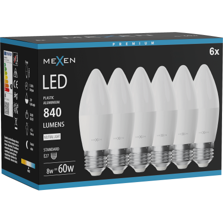 Mexen Nova 6x LED spuldze E27, C37, 8W, Neitrāla - 4000K, 840 lm - L102-E27-0840-01x06