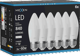 Mexen Nova 6x Lampadina LED E27, C37, 8W, Neutra - 4000K, 840 lm - L102-E27-0840-01x06