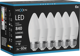 Mexen Nova 6x LED-lamp E27, C37, 8W, Neutraalne - 4000K, 840 lm - L102-E27-0840-01x06
