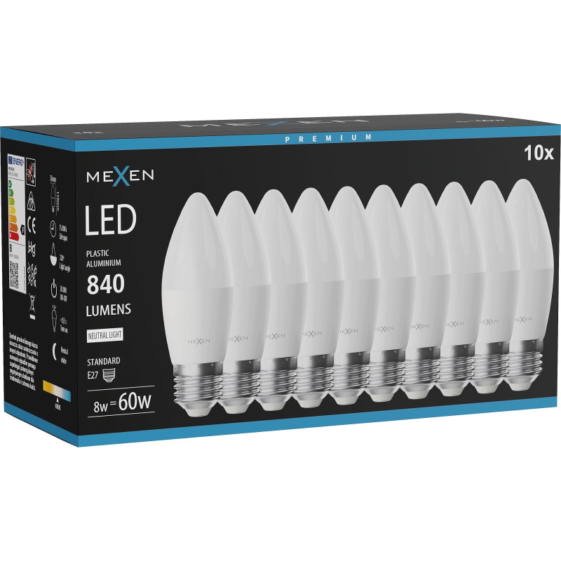 Mexen Nova 10x Bombilla LED E27, C37, 8W, Neutra - 4000K, 840 lm - L102-E27-0840-01x10