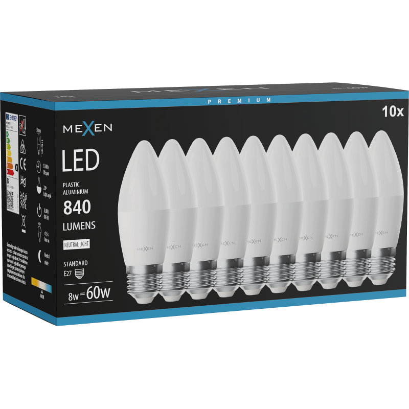 Mexen Nova 10x żarówka LED E27, C37, 8W, Neutralna - 4000K, 840 lm - L102-E27-0840-01x10