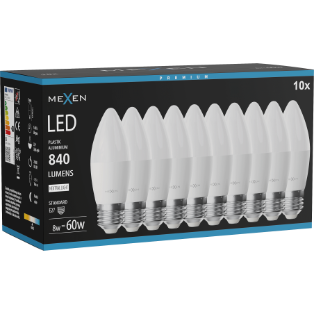 Mexen Nova 10x Bombilla LED E27, C37, 8W, Neutra - 4000K, 840 lm - L102-E27-0840-01x10