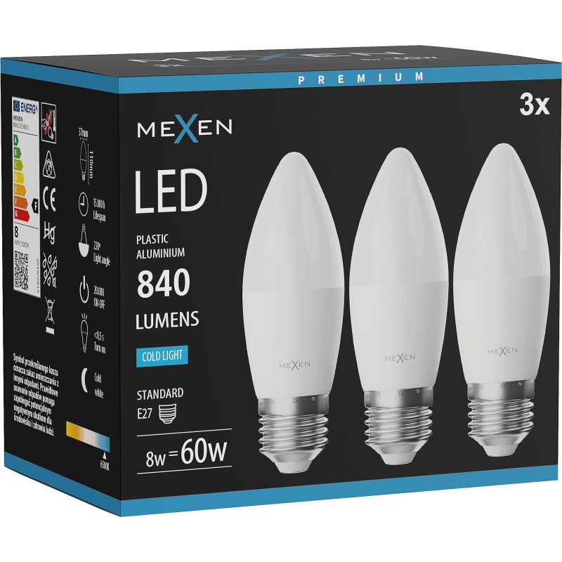 Mexen Nova 3x Bombilla LED E27, C37, 8W, Fría - 6500K, 840 lm - L102-E27-0865-01x03