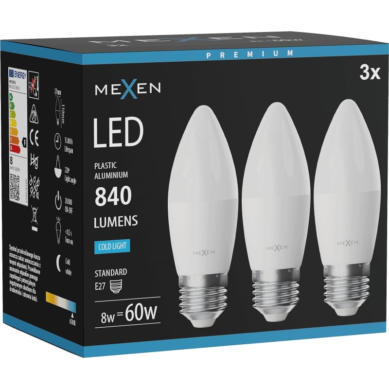 Mexen Nova 3x LED-glödlampa E27, C37, 8W, Kall - 6500K, 840 lm - L102-E27-0865-01x03