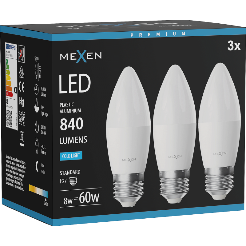 Mexen Nova 3x żarówka LED E27, C37, 8W, Zimna - 6500K, 840 lm - L102-E27-0865-01x03