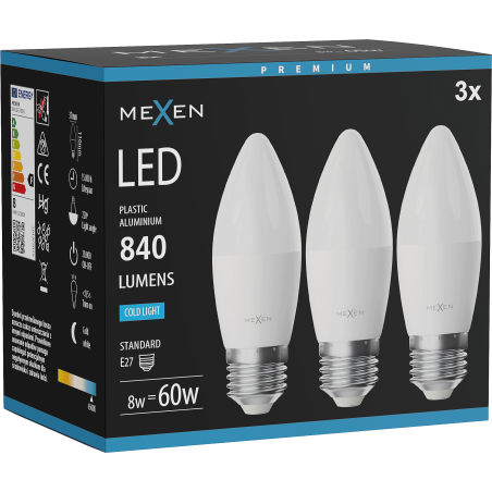 Mexen Nova 3x Lampadina LED E27, C37, 8W, Fredda - 6500K, 840 lm - L102-E27-0865-01x03