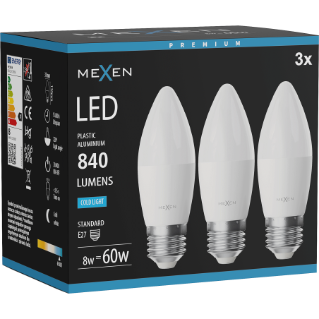 Mexen Nova 3x LED spuldze E27, C37, 8W, Auksts - 6500K, 840 lm - L102-E27-0865-01x03