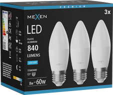 Mexen Nova 3x LED žarnica E27, C37, 8W, Hladna - 6500K, 840 lm - L102-E27-0865-01x03
