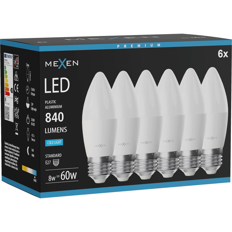 Mexen Nova 6x LED-glödlampa E27, C37, 8W, Kall - 6500K, 840 lm - L102-E27-0865-01x06