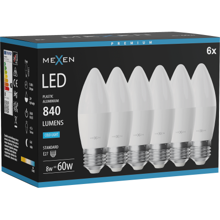 Mexen Nova 6x Bombilla LED E27, C37, 8W, Fría - 6500K, 840 lm - L102-E27-0865-01x06