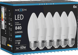 Mexen Nova 6x Lampadina LED E27, C37, 8W, Fredda - 6500K, 840 lm - L102-E27-0865-01x06