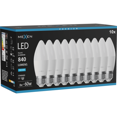 Mexen Nova 10x LED-lamp E27, C37, 8W, Koud - 6500K, 840 lm - L102-E27-0865-01x10