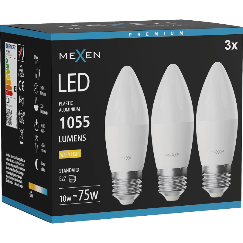 Mexen Nova 3x Bombilla LED E27, C37, 10W, Cálida - 3000K, 1055 lm - L102-E27-1030-01x03