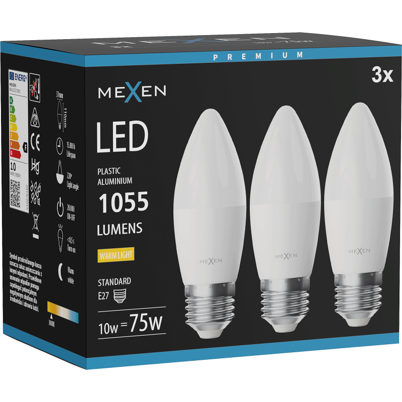 Mexen Nova 3x LED-lamppu E27, C37, 10W, Lämmin - 3000K, 1055 lm - L102-E27-1030-01x03