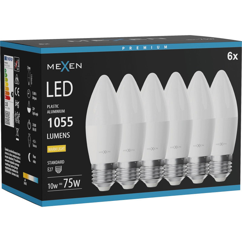 Mexen Nova 6x LED-glödlampa E27, C37, 10W, Varm - 3000K, 1055 lm - L102-E27-1030-01x06