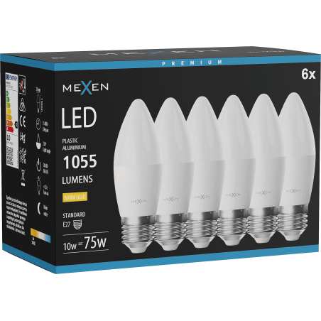 Mexen Nova 6x Bombilla LED E27, C37, 10W, Cálida - 3000K, 1055 lm - L102-E27-1030-01x06