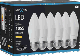 Mexen Nova 6x Lampadina LED E27, C37, 10W, Calda - 3000K, 1055 lm - L102-E27-1030-01x06