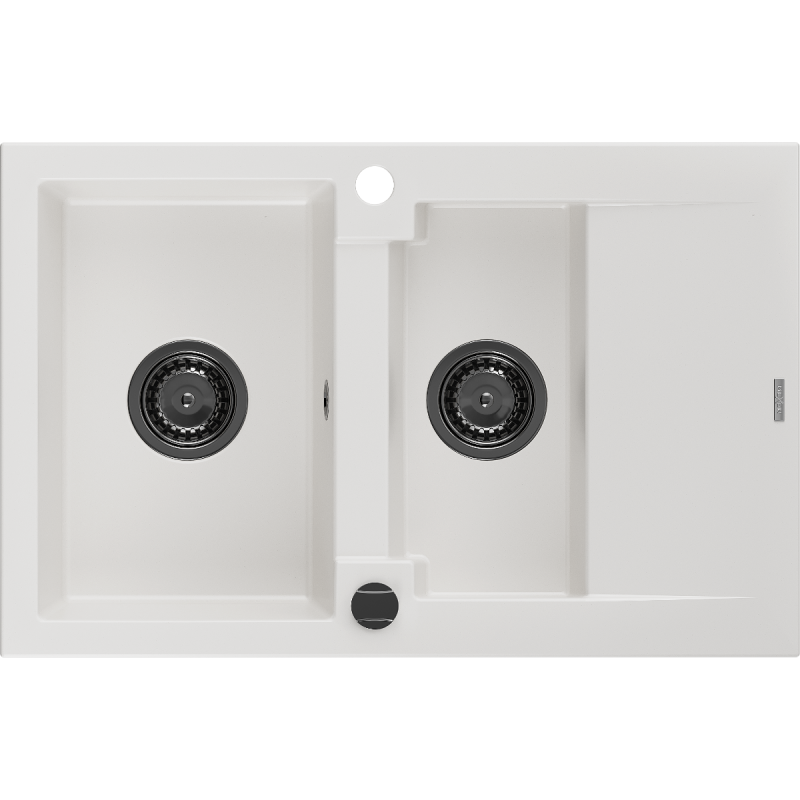 Mexen Gaspar lava-loiça de granito com 1,5 bacias e escorredor 737 x 475 mm, branco, sifão preto - 6507731505-20-B
