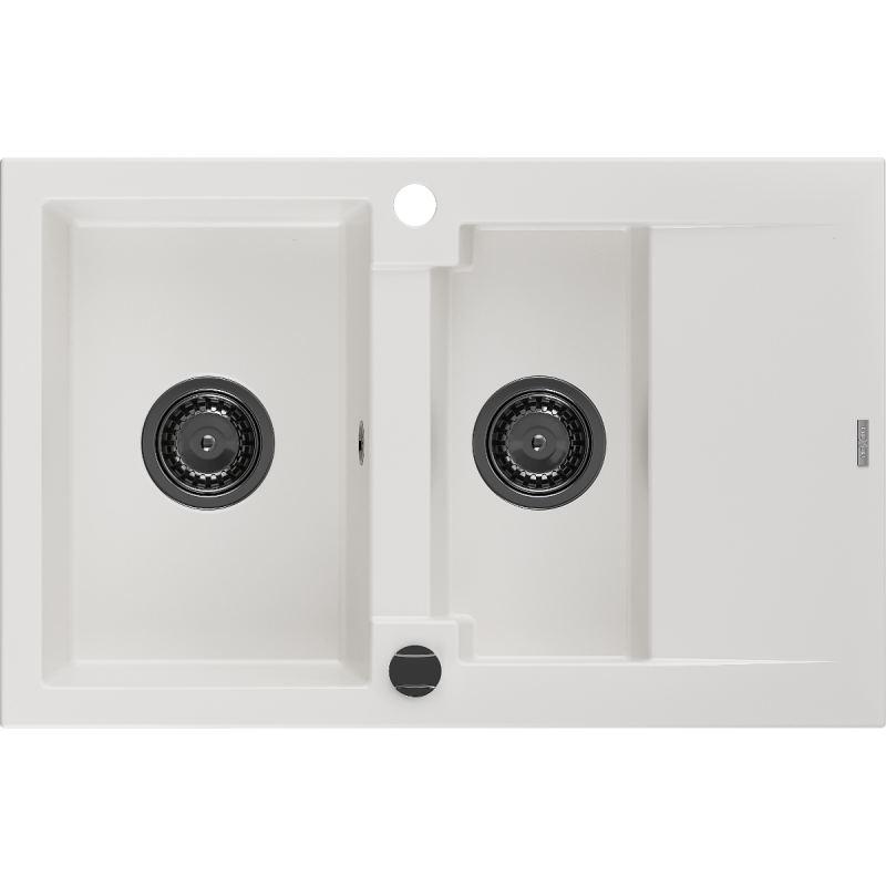 Mexen Gaspar lavello in granito 1,5 vasche con scolapiatti 737 x 475 mm, bianco, sifone nero - 6507731505-20-B