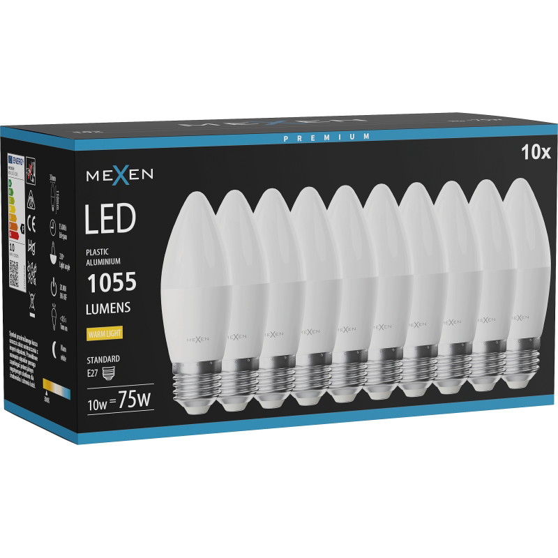 Mexen Nova 10x Bombilla LED E27, C37, 10W, Cálida - 3000K, 1055 lm - L102-E27-1030-01x10