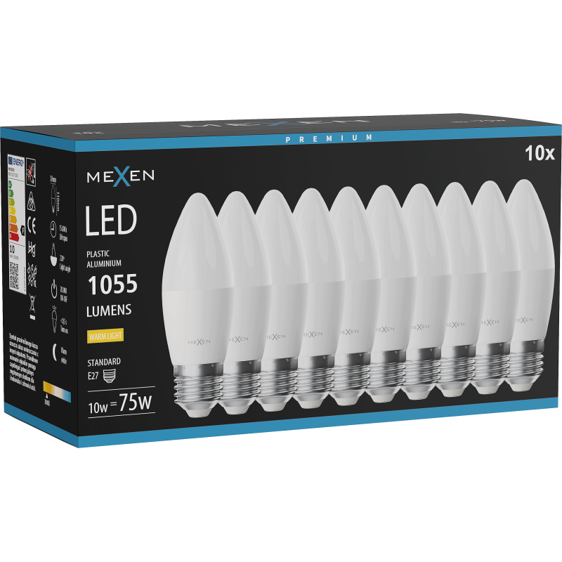 Mexen Nova 10x żarówka LED E27, C37, 10W, Ciepła - 3000K, 1055 lm - L102-E27-1030-01x10