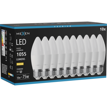 Mexen Nova 10x Bombilla LED E27, C37, 10W, Cálida - 3000K, 1055 lm - L102-E27-1030-01x10