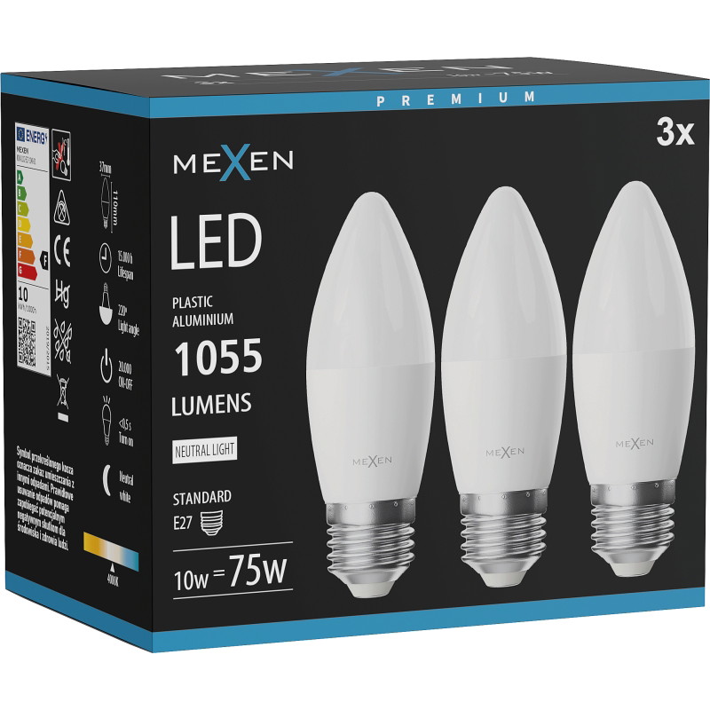 Mexen Nova 3x Bombilla LED E27, C37, 10W, Neutra - 4000K, 1055 lm - L102-E27-1040-01x03