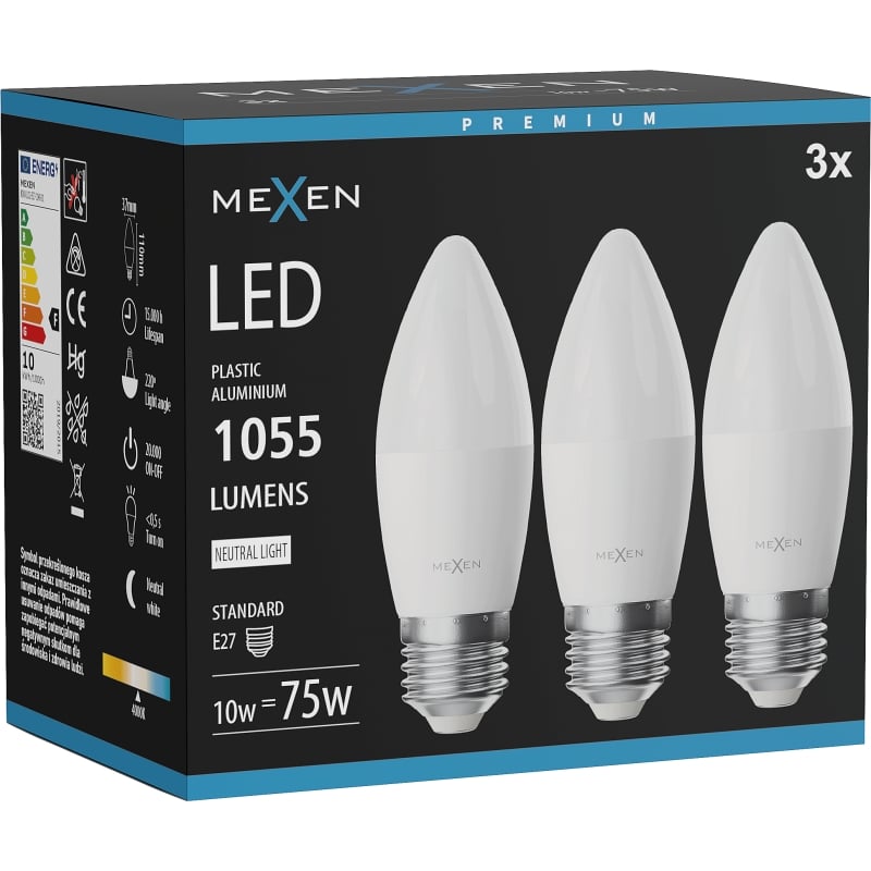 Mexen Nova 3x LED-pirn E27, C37, 10W, Neutraalne - 4000K, 1055 lm - L102-E27-1040-01x03