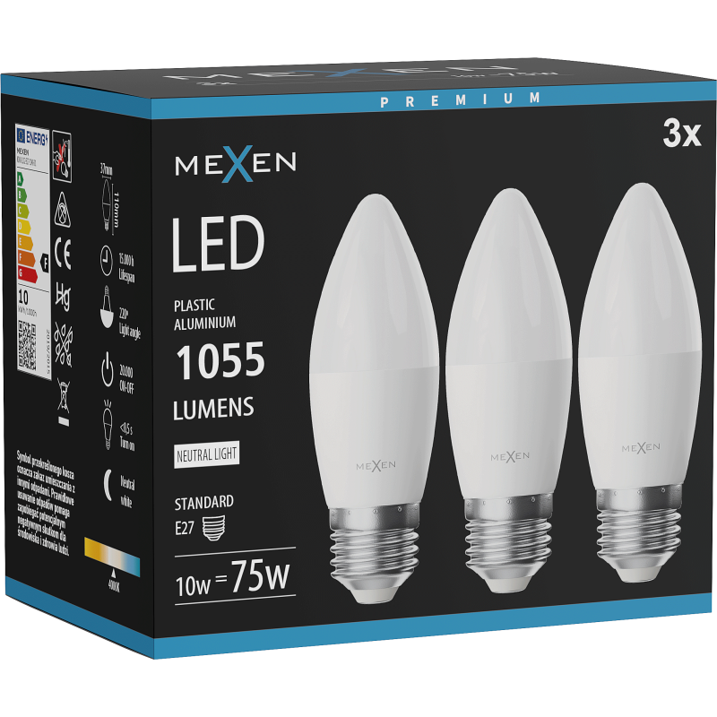 Mexen Nova 3x żarówka LED E27, C37, 10W, Neutralna - 4000K, 1055 lm - L102-E27-1040-01x03