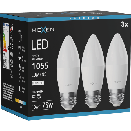 Mexen Nova 3x Bombilla LED E27, C37, 10W, Neutra - 4000K, 1055 lm - L102-E27-1040-01x03