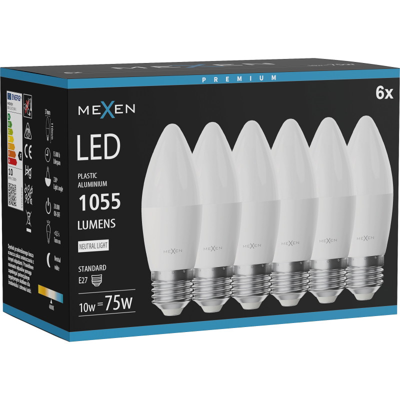 Mexen Nova 6x Bombilla LED E27, C37, 10W, Neutra - 4000K, 1055 lm - L102-E27-1040-01x06