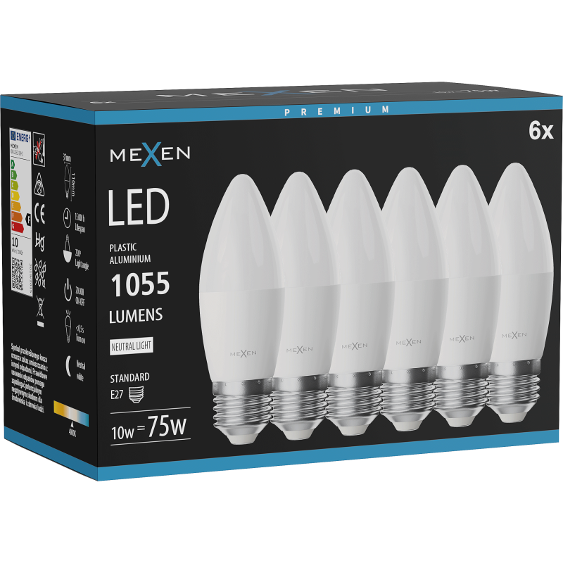 Mexen Nova 6x żarówka LED E27, C37, 10W, Neutralna - 4000K, 1055 lm - L102-E27-1040-01x06