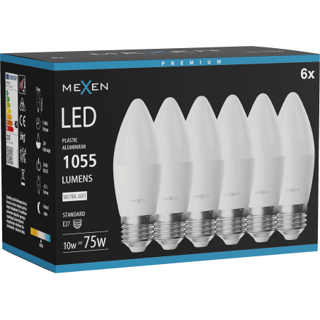 Mexen Nova 6x LED-glödlampa E27, C37, 10W, Neutral - 4000K, 1055 lm - L102-E27-1040-01x06