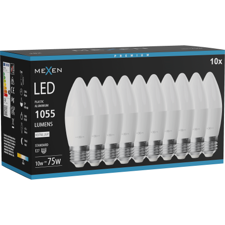 Mexen Nova 10x LED-lampa E27, C37, 10W, Neutral - 4000K, 1055 lm - L102-E27-1040-01x10