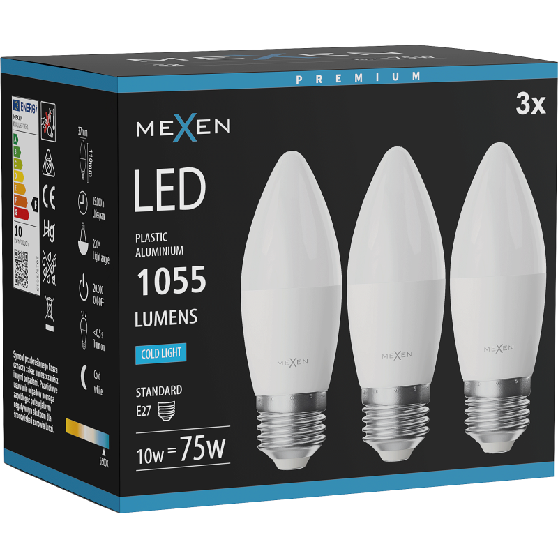 Mexen Nova 3x żarówka LED E27, C37, 10W, Zimna - 6500K, 1055 lm - L102-E27-1065-01x03