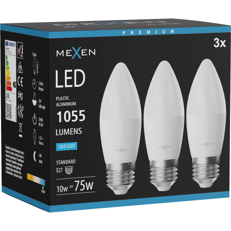 Mexen Nova 3x LED-lampa E27, C37, 10W, Kall - 6500K, 1055 lm - L102-E27-1065-01x03