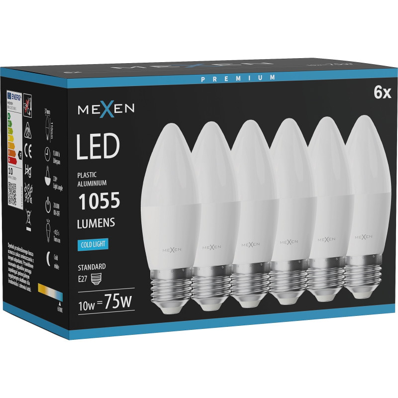 Mexen Nova 6x Bombilla LED E27, C37, 10W, Fría - 6500K, 1055 lm - L102-E27-1065-01x06