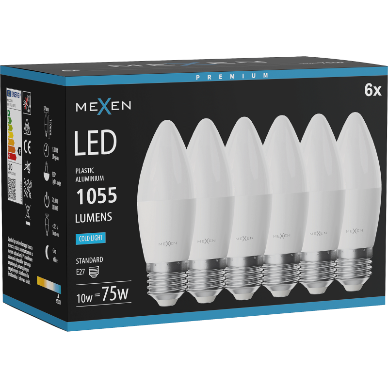 Mexen Nova 6x LED Bulb E27, C37, 10W, Cool - 6500K, 1055 lm - L102-E27-1065-01x06