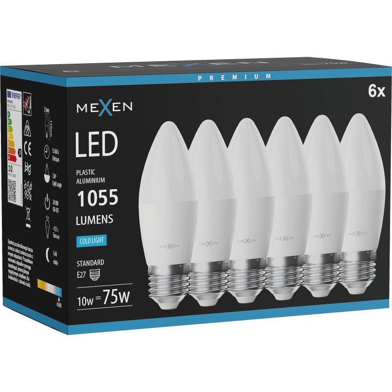 Mexen Nova 6x LED-lamp E27, C37, 10W, Koud - 6500K, 1055 lm - L102-E27-1065-01x06