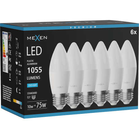 Mexen Nova 6x Bombilla LED E27, C37, 10W, Fría - 6500K, 1055 lm - L102-E27-1065-01x06