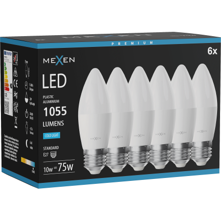 Mexen Nova 6x LED-lampa E27, C37, 10W, Kall - 6500K, 1055 lm - L102-E27-1065-01x06