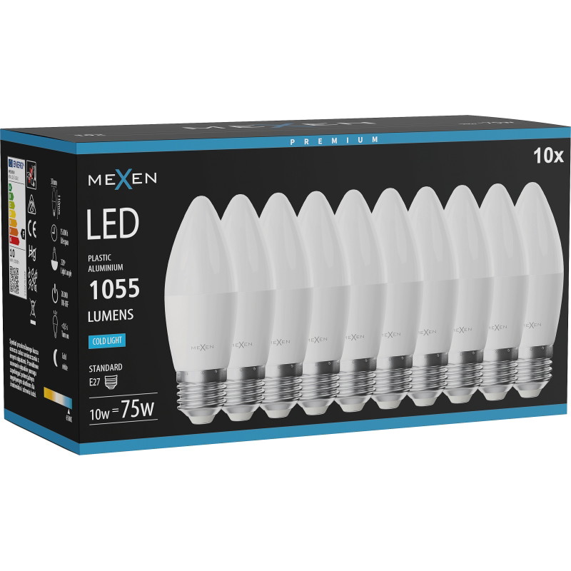 Mexen Nova 10x bombilla LED E27, C37, 10W, Fría - 6500K, 1055 lm - L102-E27-1065-01x10