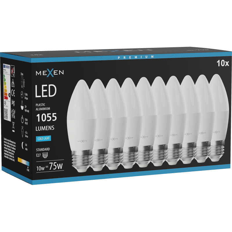 Mexen Nova 10x żarówka LED E27, C37, 10W, Zimna - 6500K, 1055 lm - L102-E27-1065-01x10