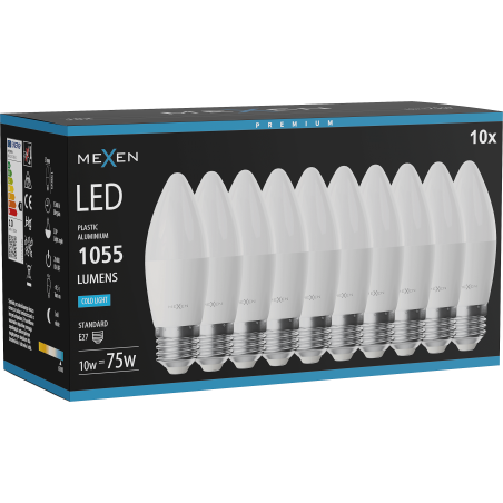 Mexen Nova 10x LED-lampa E27, C37, 10W, Kall - 6500K, 1055 lm - L102-E27-1065-01x10