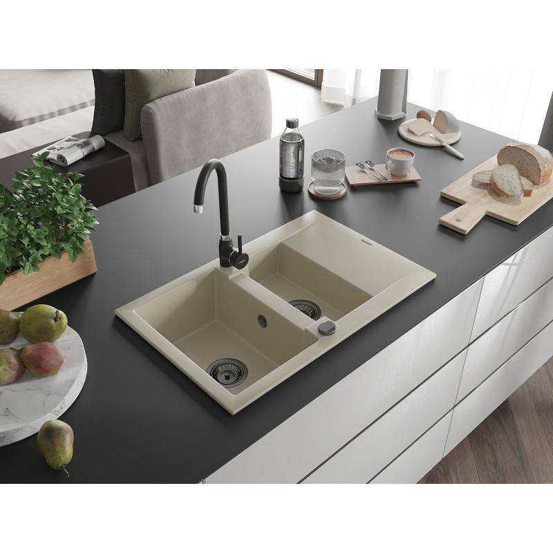 Mexen Gaspar 1,5-komorige granieten spoelbak met afdruiprek 737 x 475 mm, beige, zwarte sifon - 6507731505-69-B