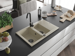 Mexen Gaspar Granitspüle 1,5-Becken mit Abtropffläche 737 x 475 mm, beige, schwarzer Siphon - 6507731505-69-B