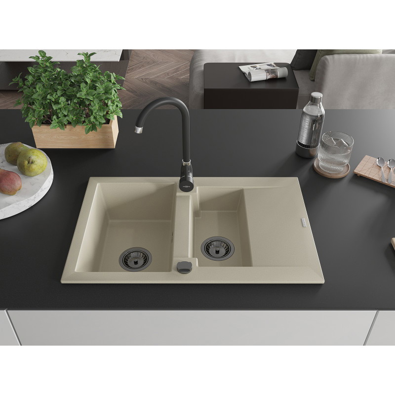 Mexen Gaspar 1,5-komorige granieten spoelbak met afdruiprek 737 x 475 mm, beige, zwarte sifon - 6507731505-69-B